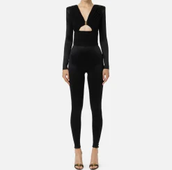 Tute|Elisabetta Franchi Tuta in lycra lucida con inserti plissé Nero