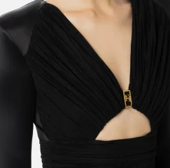 Tute|Elisabetta Franchi Tuta in lycra lucida con inserti plissé Nero