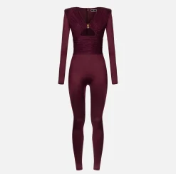 Tute|Elisabetta Franchi Tuta in lycra lucida con inserti plissé RougeNoir