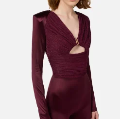 Tute|Elisabetta Franchi Tuta in lycra lucida con inserti plissé RougeNoir