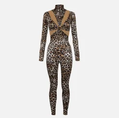Tute|Elisabetta Franchi Tuta in lycra stampa con motivo cut-out e accessorio logo Animalier