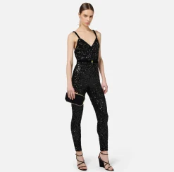 Tute|Elisabetta Franchi Tuta in paillettes con cintura Nero