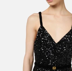 Tute|Elisabetta Franchi Tuta in paillettes con cintura Nero