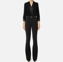 Tute|Elisabetta Franchi Tuta in viscosa con camicia incrociata e pantalone svasato con morsetto Nero